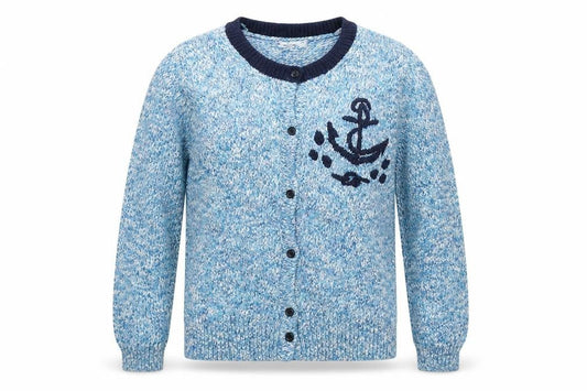 Crewcuts Girls Blue Round Neck Polyester Cardigan Jumper Size 7 Years Button - Embraided Anchor