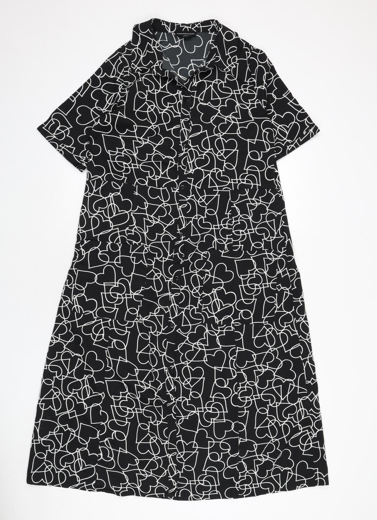 Wednesday's Girl Womens Black Geometric Polyester A-Line Size S Collared Button - Hearts