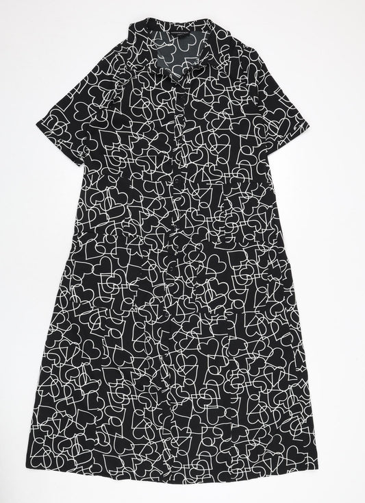 Wednesday's Girl Womens Black Geometric Polyester A-Line Size S Collared Button - Hearts