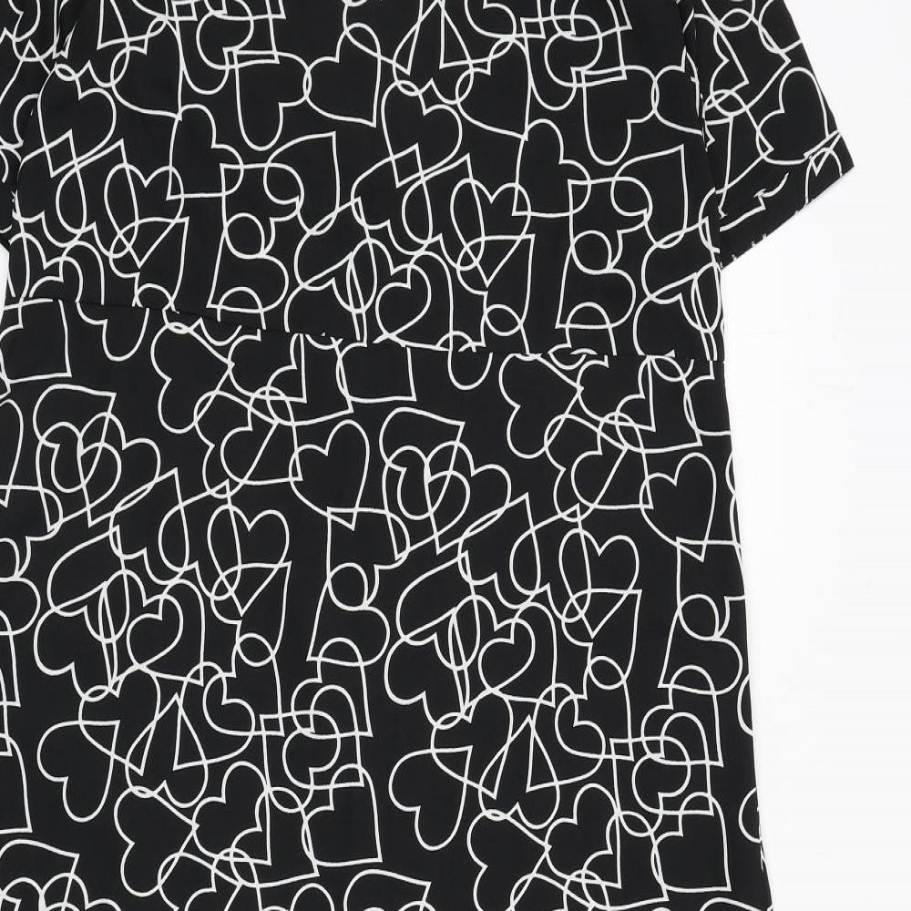 Wednesday's Girl Womens Black Geometric Polyester A-Line Size S Collared Button - Hearts