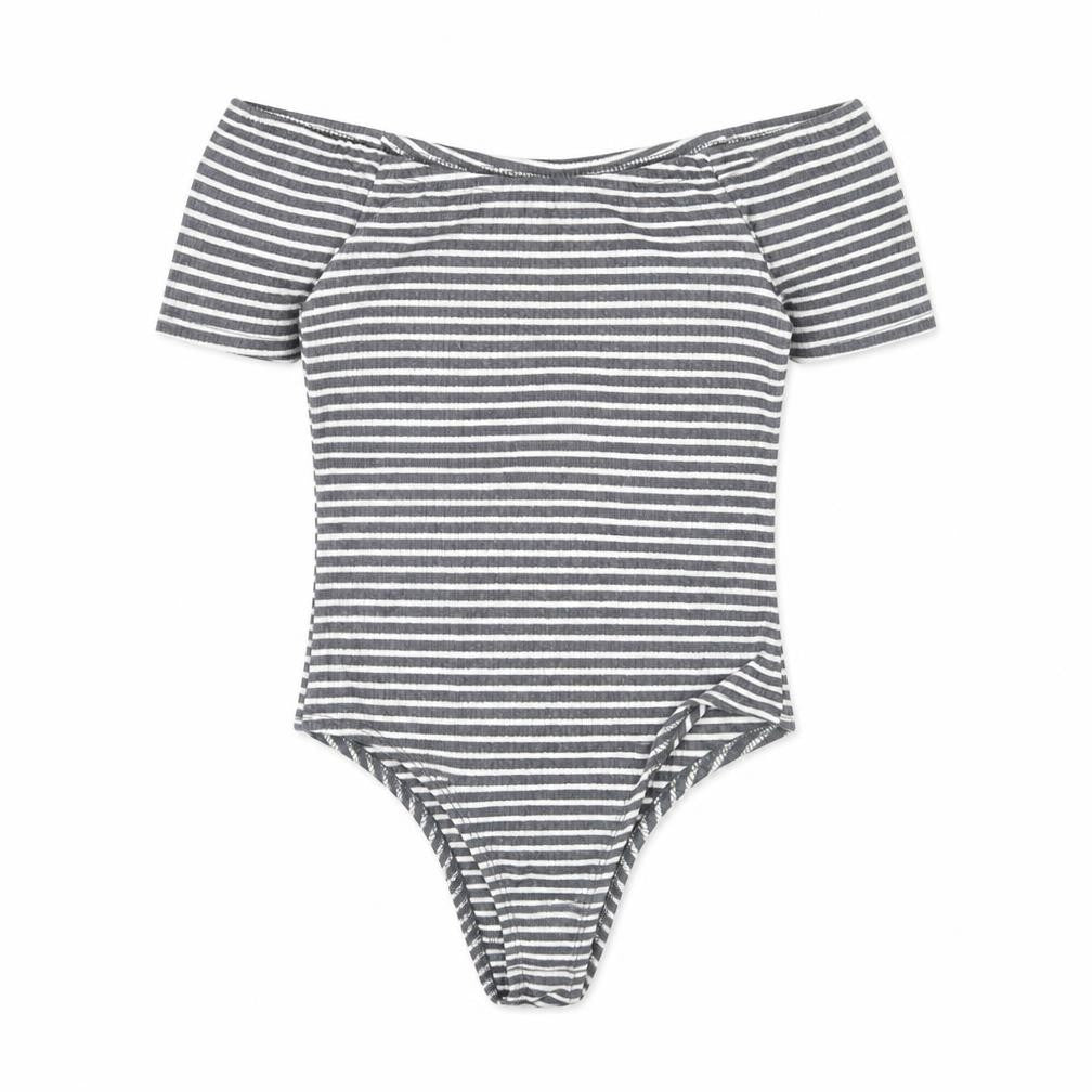FACTORIE Womens Grey Striped Polyester Bodysuit One-Piece Size S Pullover
