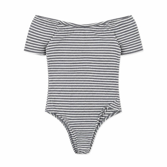 FACTORIE Womens Grey Striped Polyester Bodysuit One-Piece Size S Pullover