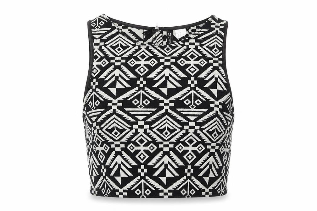 Divided by H&M Womens Black Geometric Cotton Cropped Tank Size 8 Round Neck - Aztec Print