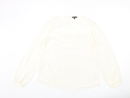 Warehouse Womens Ivory Polyester Basic Blouse Size 14 Round Neck - Lace Detail