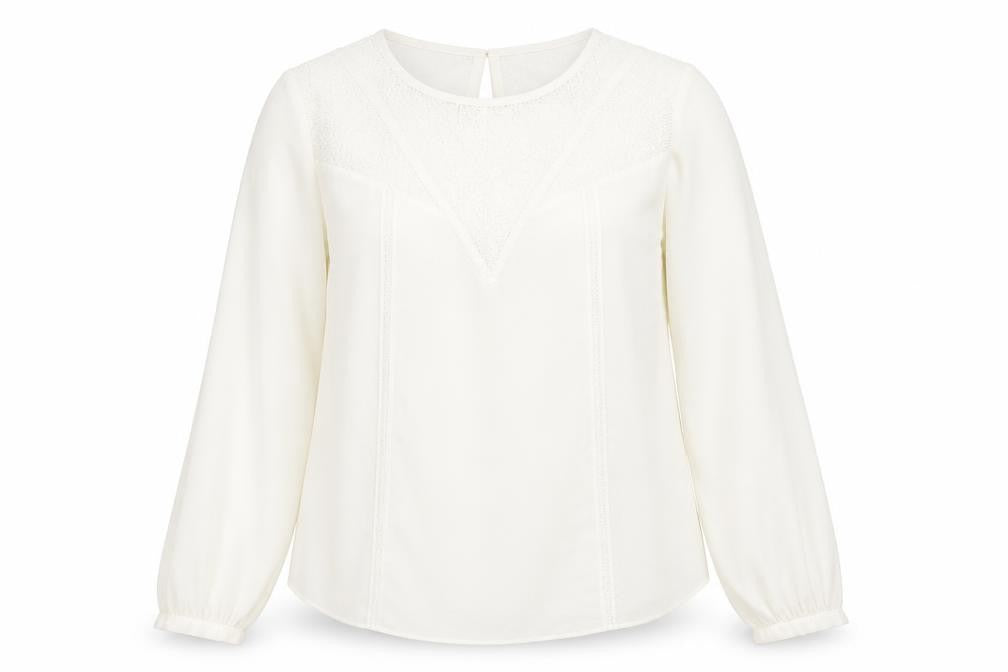 Warehouse Womens Ivory Polyester Basic Blouse Size 14 Round Neck - Lace Detail