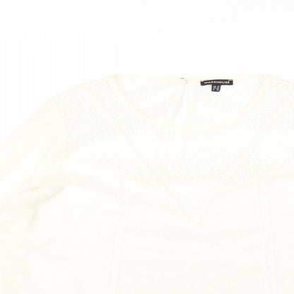 Warehouse Womens Ivory Polyester Basic Blouse Size 14 Round Neck - Lace Detail