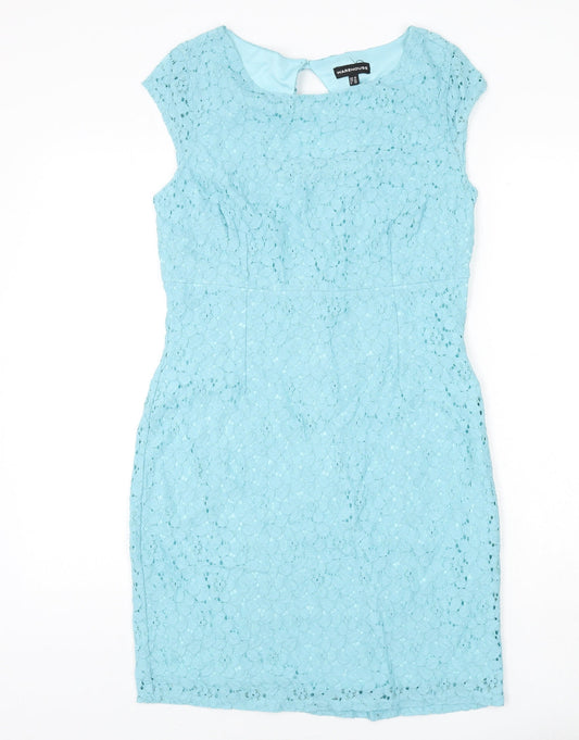 Warehouse Womens Blue Floral Cotton Pencil Dress Size 14 Round Neck Button - Lace Overlay