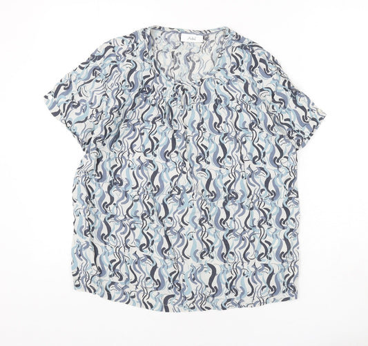 Adini Womens Blue Geometric Viscose Basic Blouse Size XS Round Neck - Button Detail