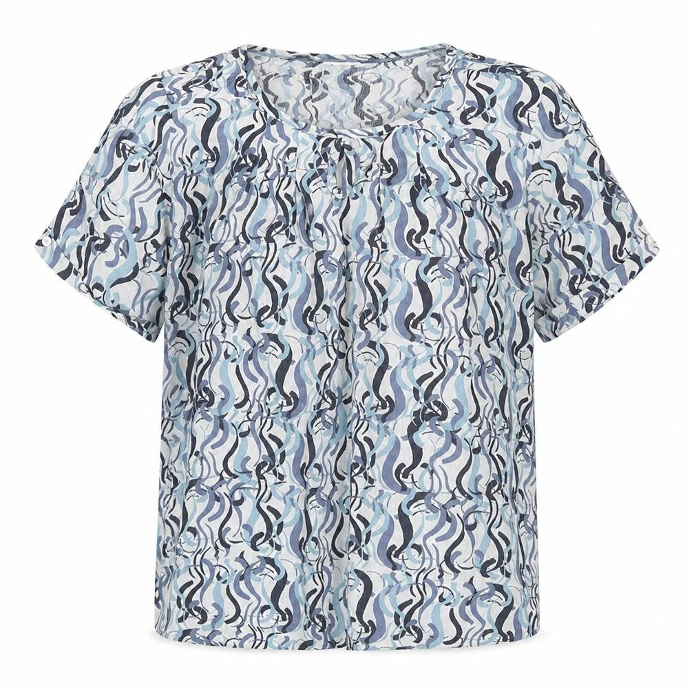Adini Womens Blue Geometric Viscose Basic Blouse Size XS Round Neck - Button Detail