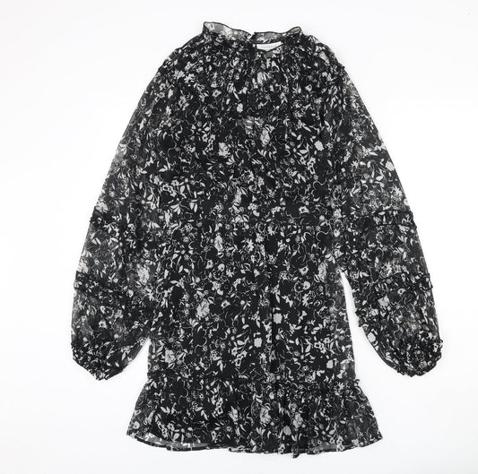Topshop Womens Black Floral Polyester Sheath Size 10 Mock Neck Button