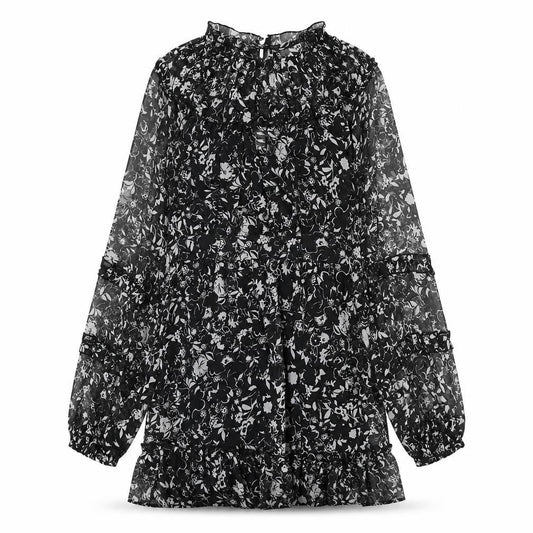 Topshop Womens Black Floral Polyester Sheath Size 10 Mock Neck Button