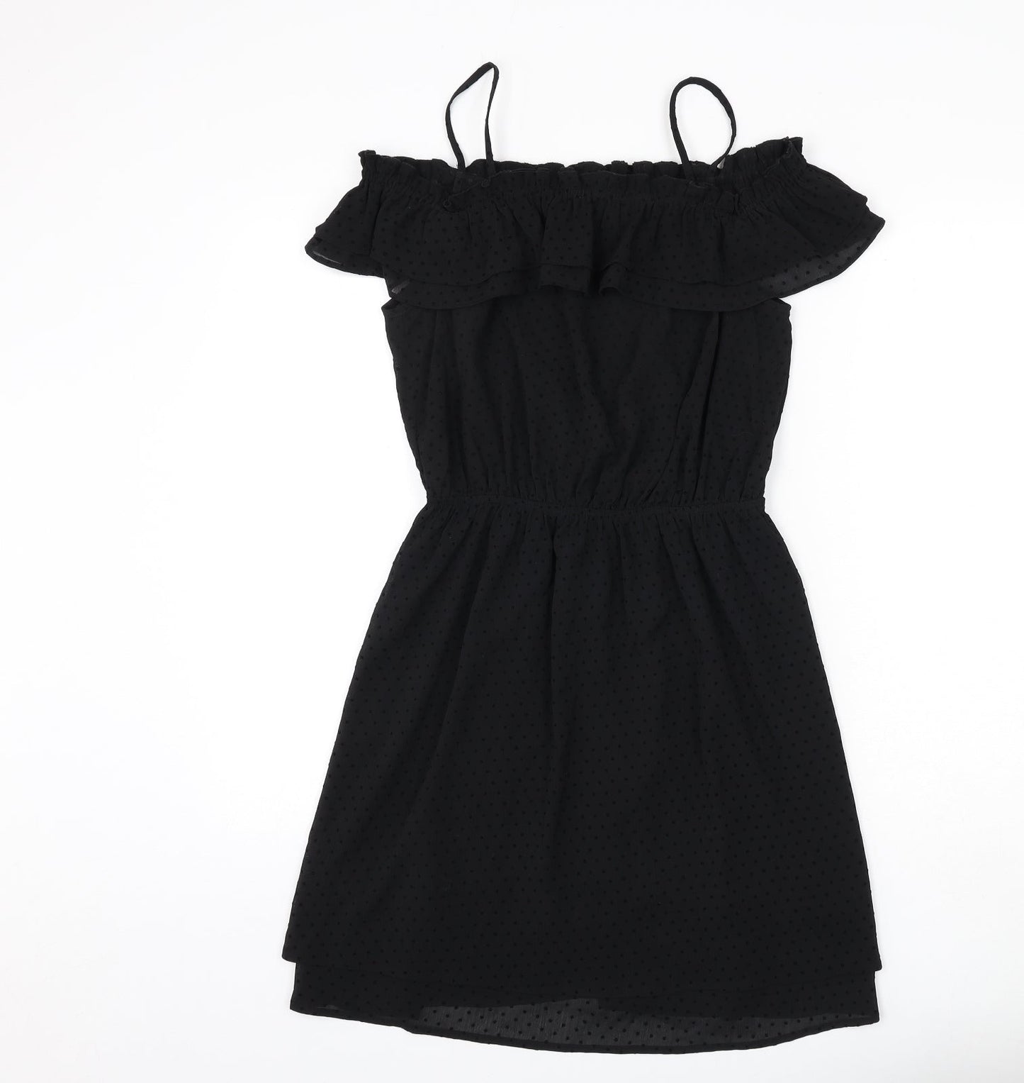 H&M Womens Black Polka Dot Polyester A-Line Size 10 Square Neck Pullover - Ruffle Detail