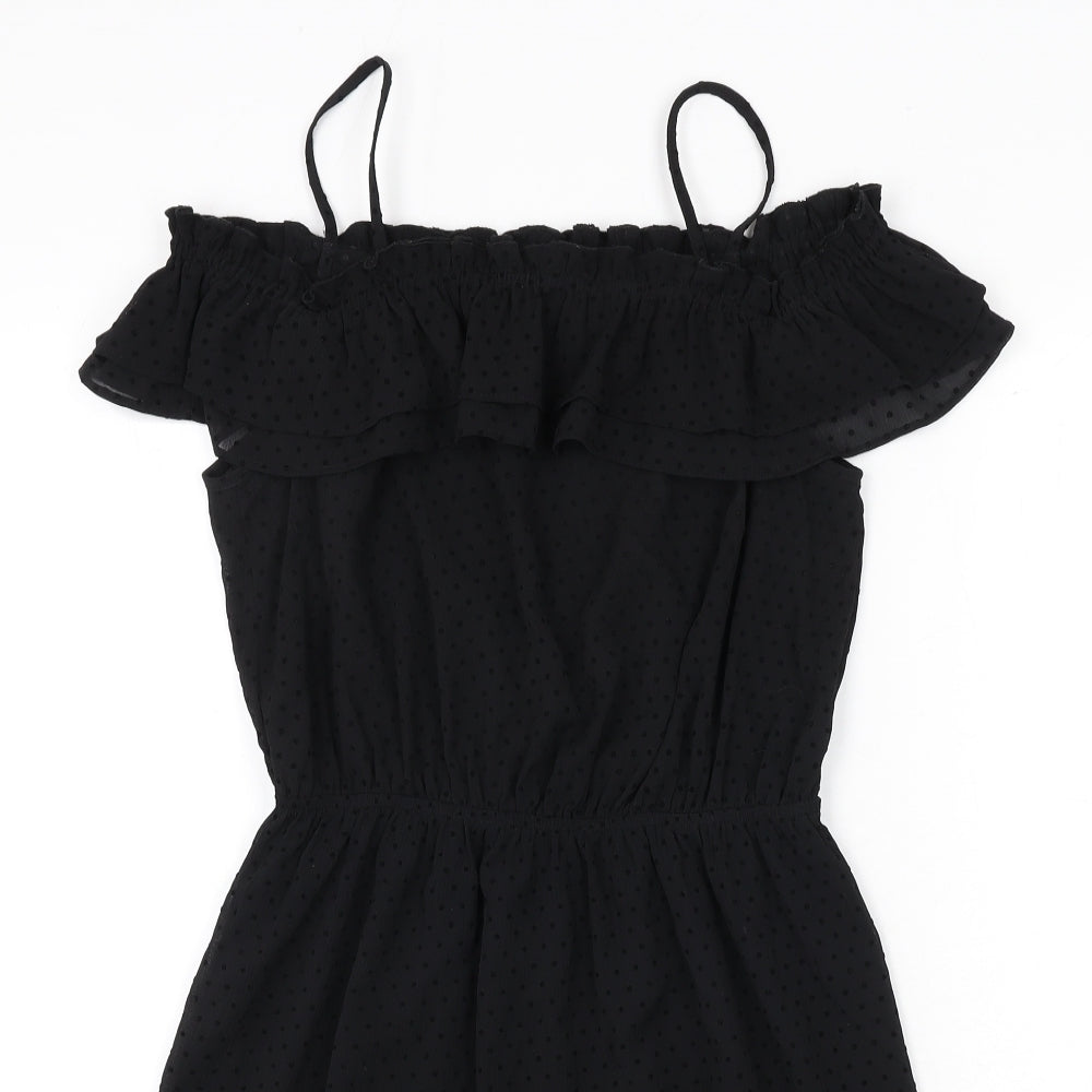 H&M Womens Black Polka Dot Polyester A-Line Size 10 Square Neck Pullover - Ruffle Detail