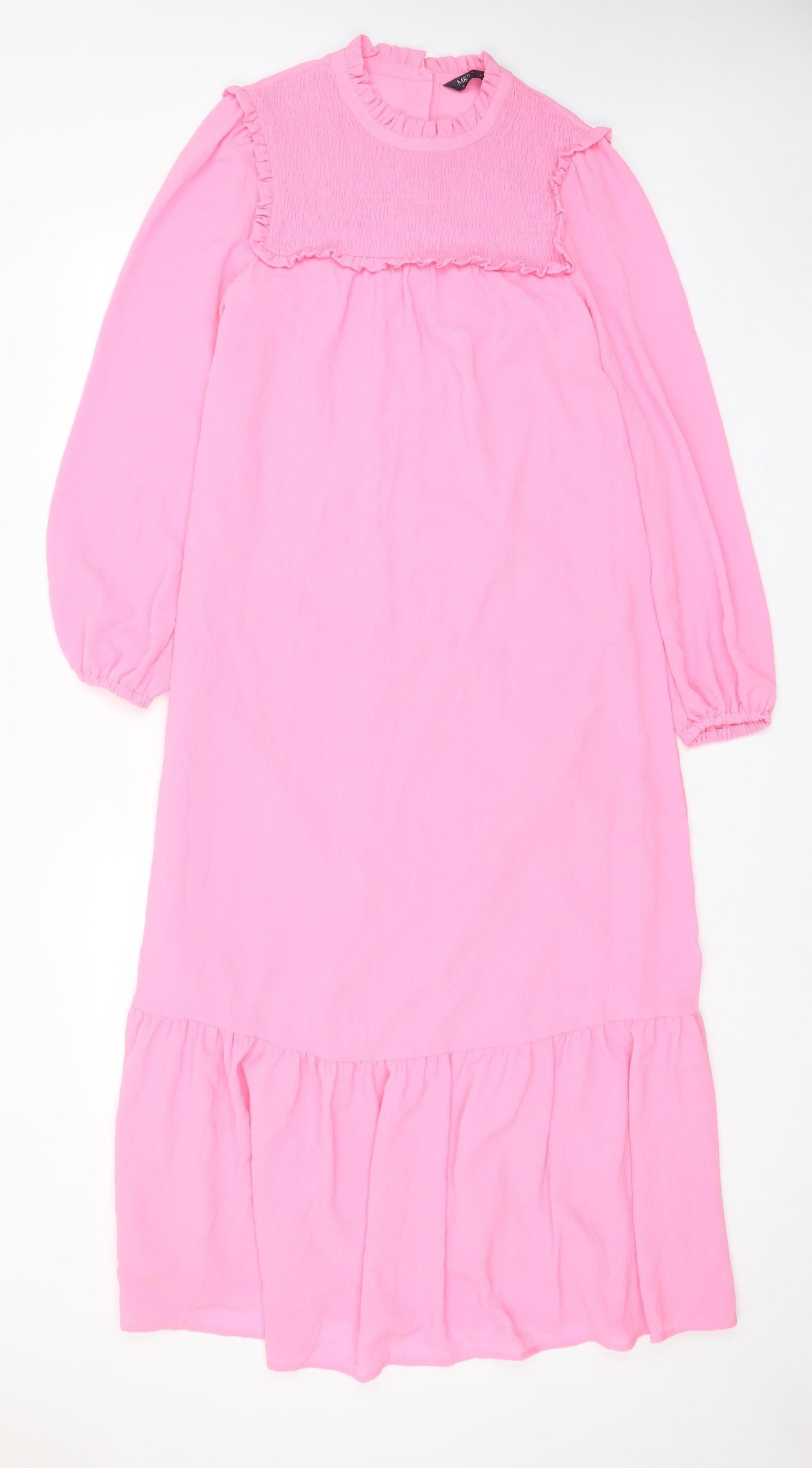 Marks and Spencer Womens Pink Polyester A-Line Size 6 Crew Neck Button - Lettuce Edging, Pleated, Frill