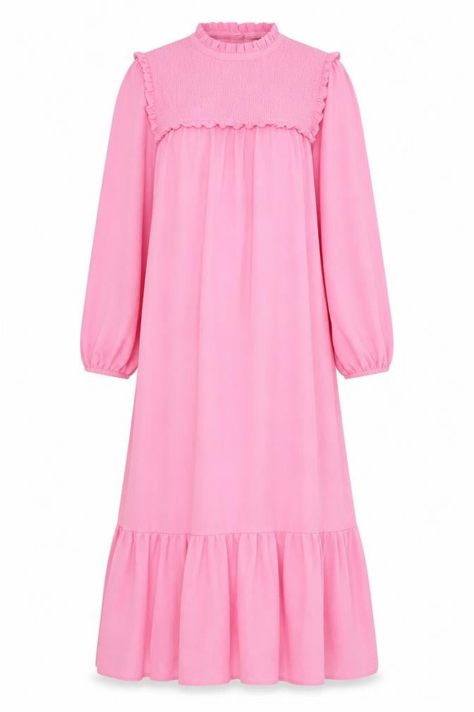 Marks & Spencer Womens Pink Polyester A-Line Size 6 Crew Neck Button - Lettuce Edging, Pleated, Frill