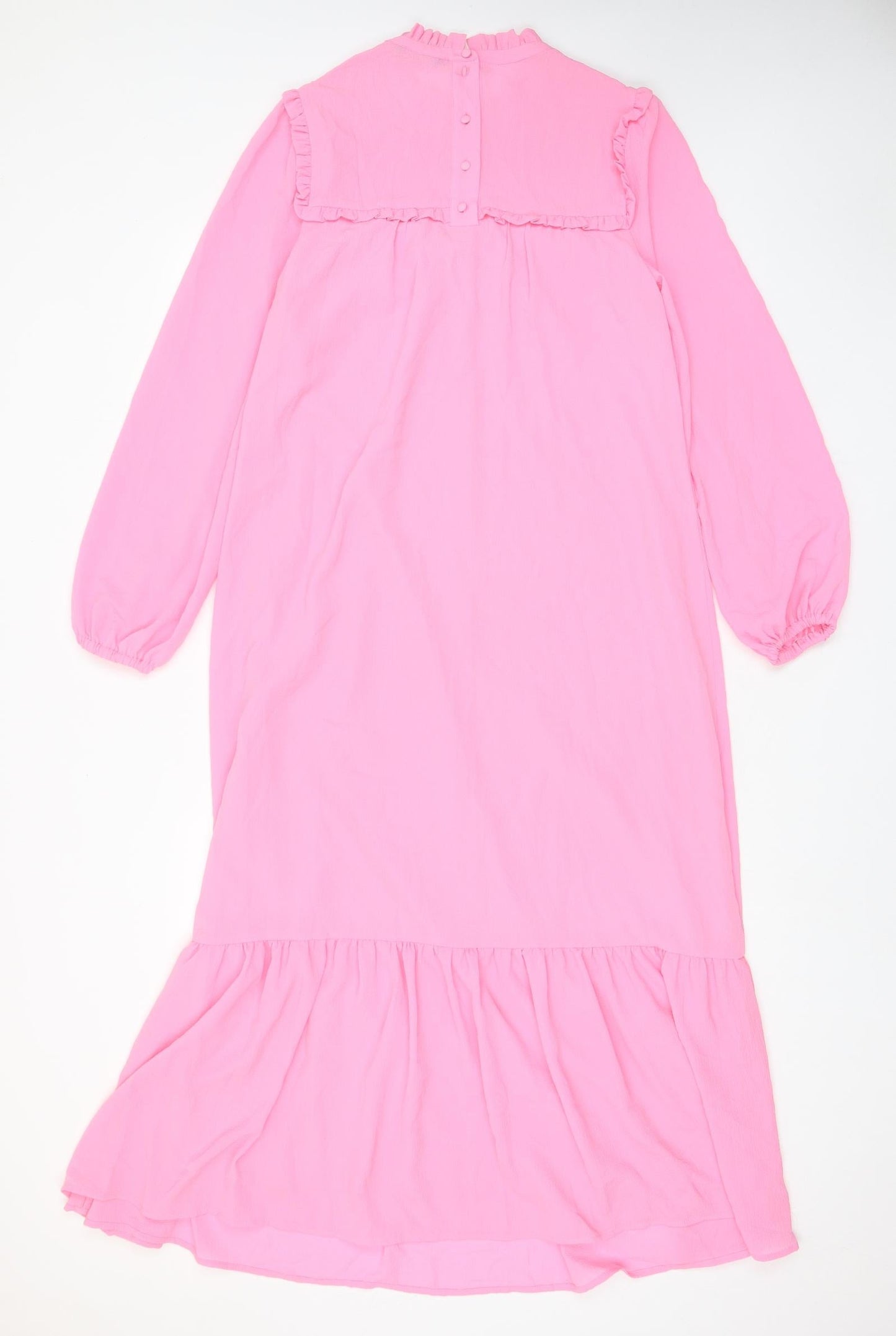 Marks and Spencer Womens Pink Polyester A-Line Size 6 Crew Neck Button - Lettuce Edging, Pleated, Frill