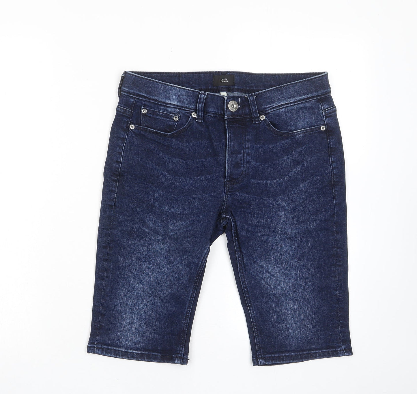 River Island Mens Blue Cotton Bermuda Shorts Size 28 in L12 in Regular Zip - Pockets, Belt Loops