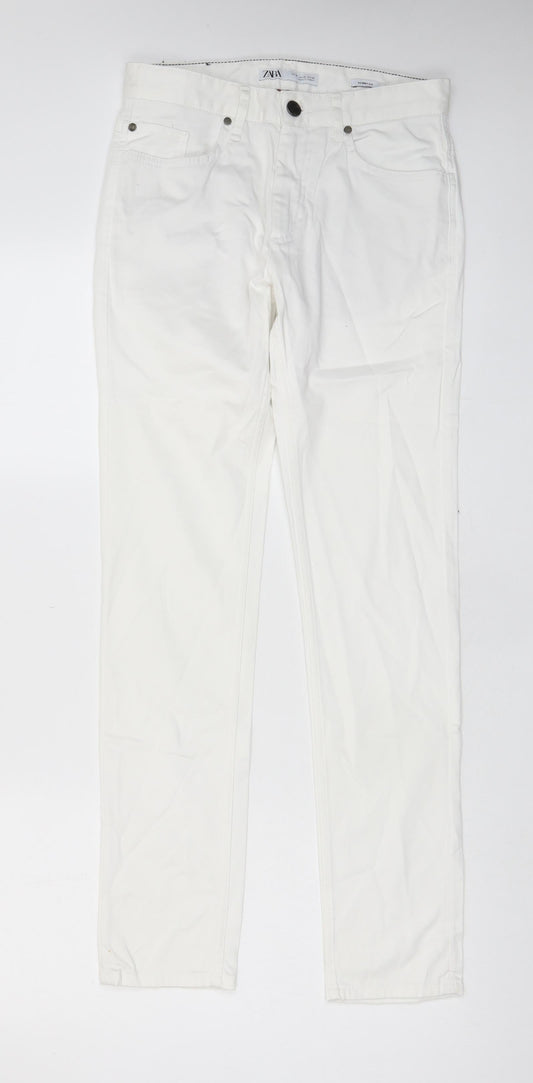 Zara Womens White Cotton Chino Trousers Size 8 L30 in Regular Zip - Pockets, Belt Loops