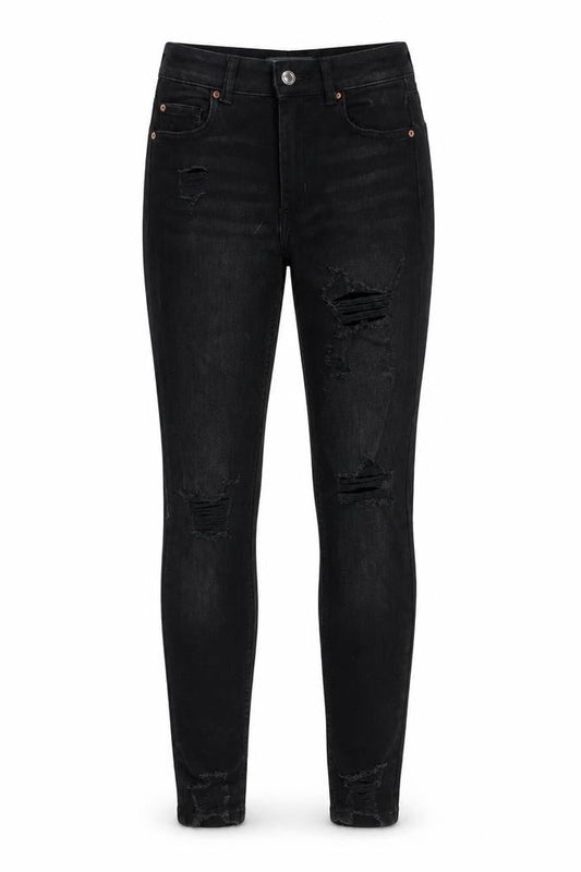 Front view of Denim & Co. women’s black cotton skinny jeans, size UK 8, 27-inch leg regular zip - pockets, belt loops