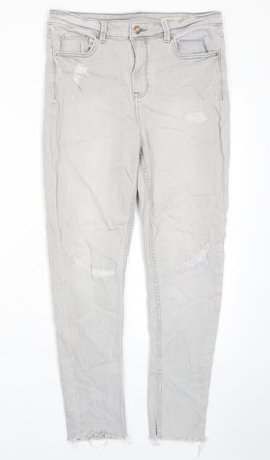 Marks and Spencer Womens Grey Cotton Skinny Jeans Size 14 L27 in Regular Zip - Pockets, Belt Loops, Embroided