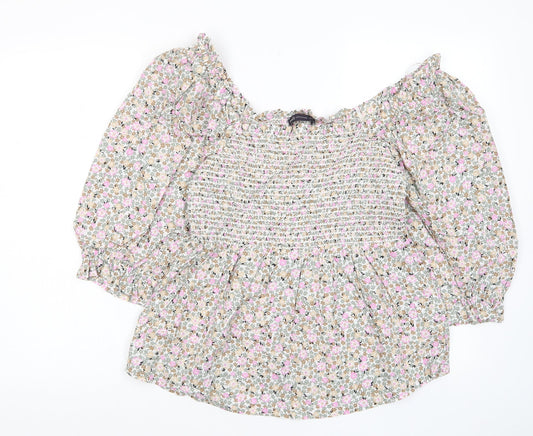 Marks and Spencer Womens Multicoloured Floral Cotton Basic T-Shirt Size 10 Scoop Neck - Frill