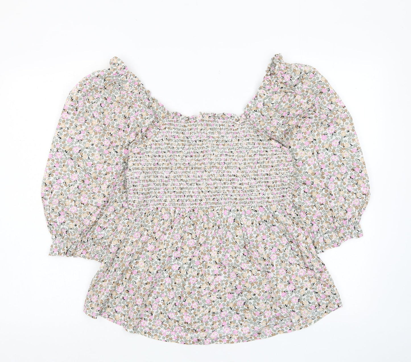 Marks and Spencer Womens Multicoloured Floral Cotton Basic T-Shirt Size 10 Scoop Neck - Frill