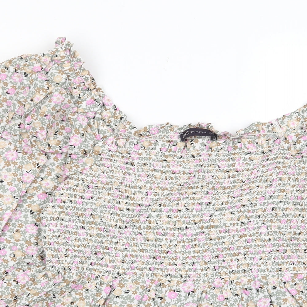 Marks and Spencer Womens Multicoloured Floral Cotton Basic T-Shirt Size 10 Scoop Neck - Frill