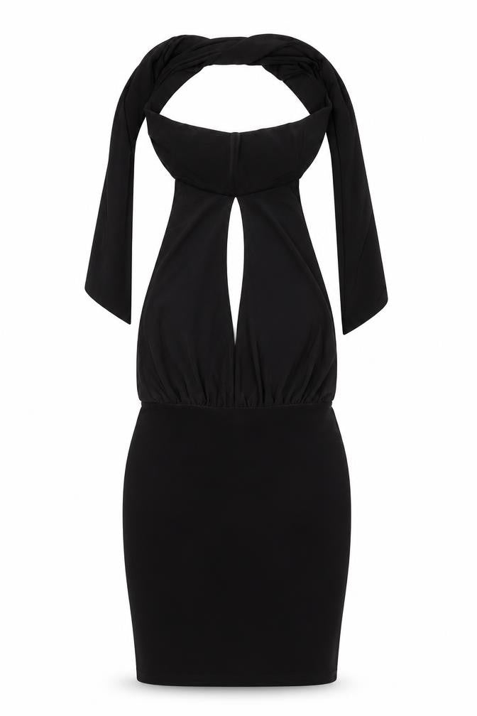 PRETTYLITTLETHING Womens Black Polyester Bodycon Size 6 Halter Tie - Keyhole Neck, Open Back