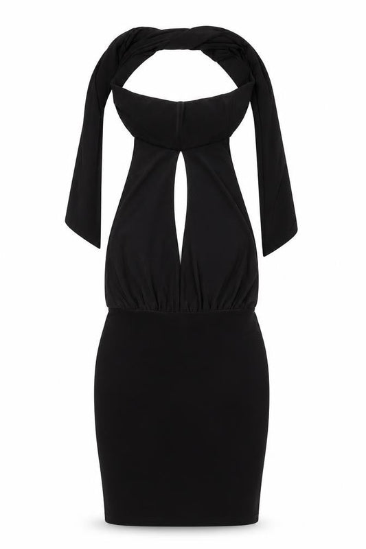 PRETTYLITTLETHING Womens Black Polyester Bodycon Size 6 Halter Tie - Keyhole Neck, Open Back