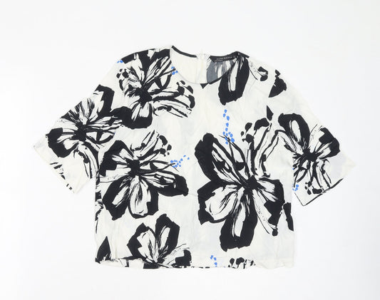 Zara Womens White Floral Polyester Basic Blouse Size M Round Neck