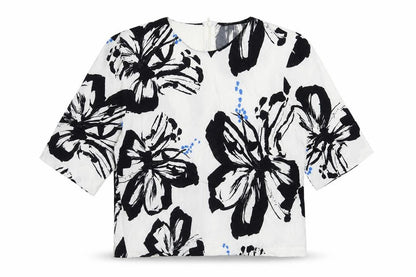 Zara Womens White Floral Polyester Basic Blouse Size M Round Neck