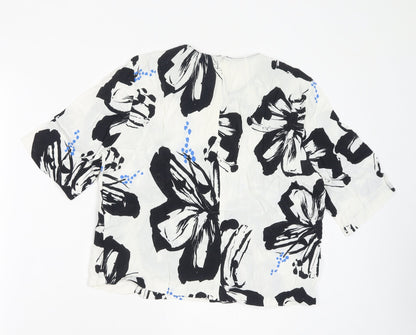 Zara Womens White Floral Polyester Basic Blouse Size M Round Neck