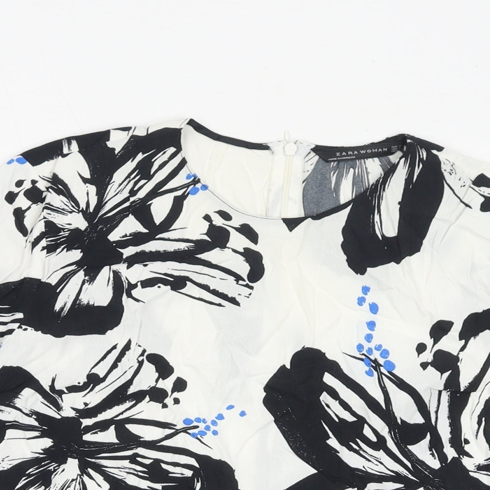 Zara Womens White Floral Polyester Basic Blouse Size M Round Neck