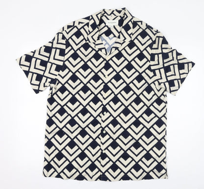 Additional front view of Autograph women’s black geometric viscose basic button-up, size L, collared - unisex