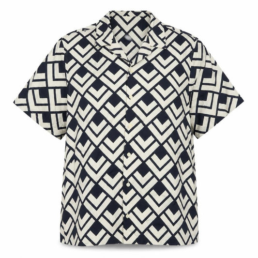 Front view of Autograph women’s black geometric viscose basic button-up, size L, collared - unisex