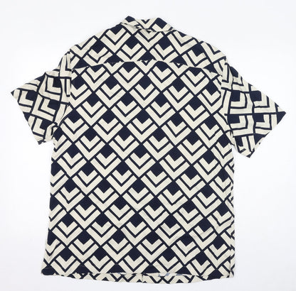 Back view of Autograph women’s black geometric viscose basic button-up, size L, collared - unisex