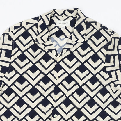 Close-up detail of Autograph women’s black geometric viscose basic button-up, size L, collared - unisex