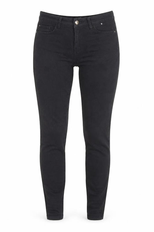 Front view of Denim & Co. women’s black cotton skinny jeans, size UK 8, 29-inch leg regular zip - waist 22-inch