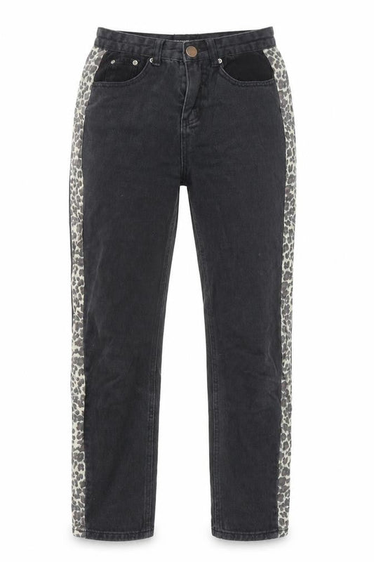 PRETTYLITTLETHING Womens Black Animal Print Cotton Straight Jeans Size 8 L25 in Regular Zip - Pockets