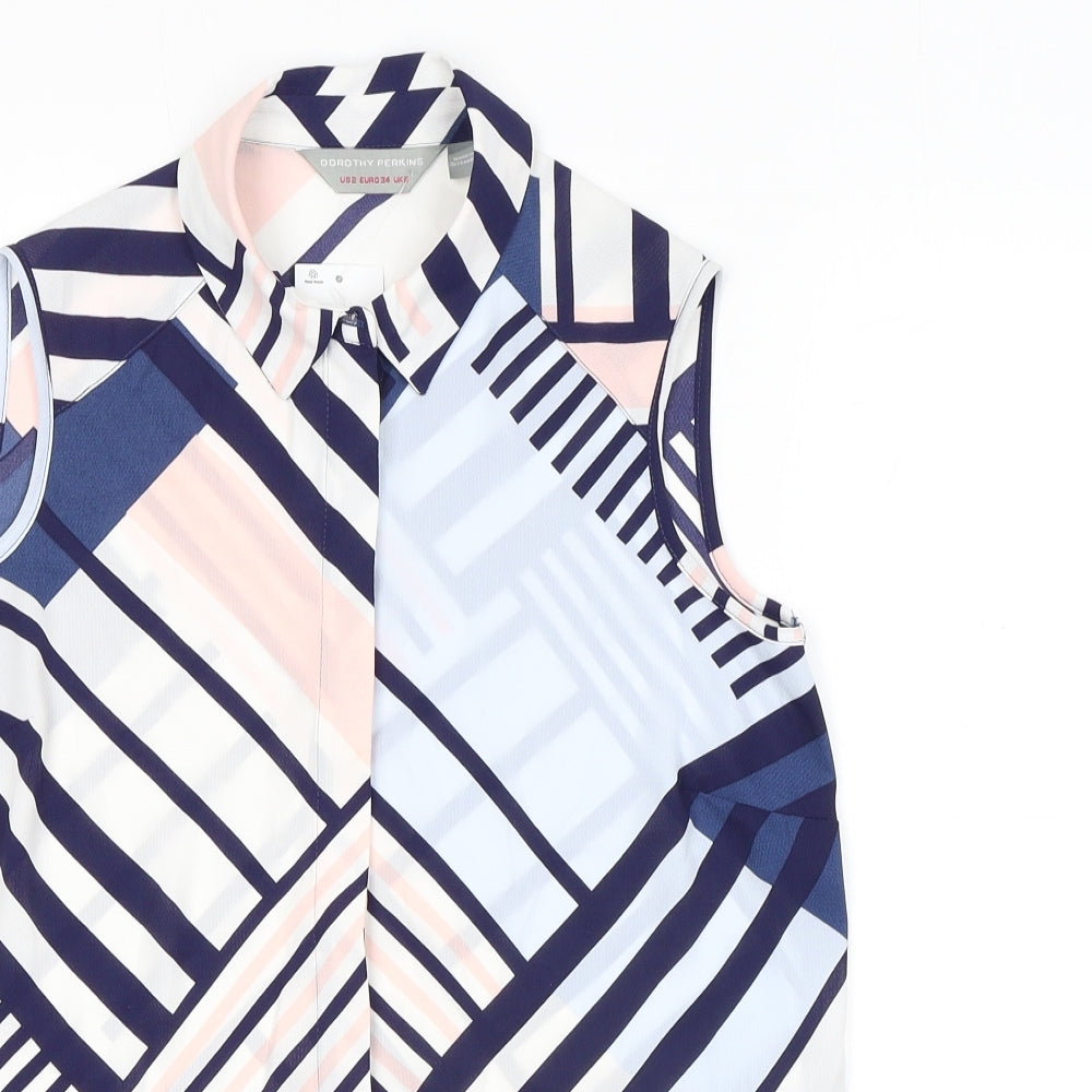 Dorothy Perkins Womens White Geometric Polyester Basic Button-Up Size 6 Collared