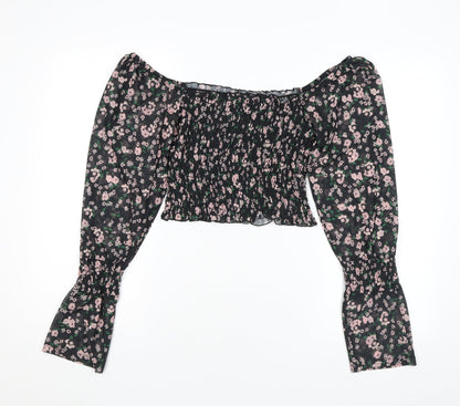 River Island Womens Black Floral Polyester Basic Blouse Size 8 Off the Shoulder