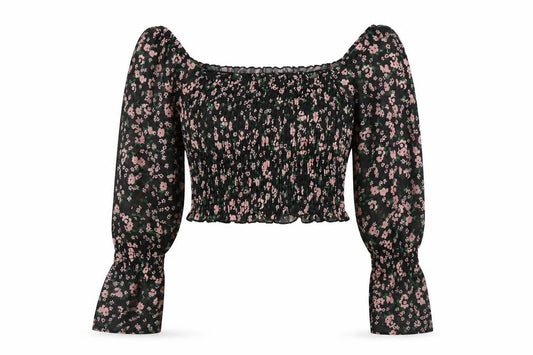 River Island Womens Black Floral Polyester Basic Blouse Size 8 Off the Shoulder