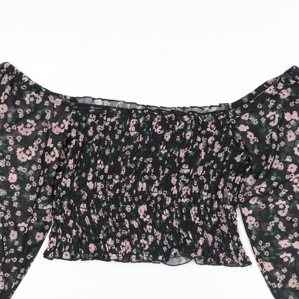 River Island Womens Black Floral Polyester Basic Blouse Size 8 Off the Shoulder