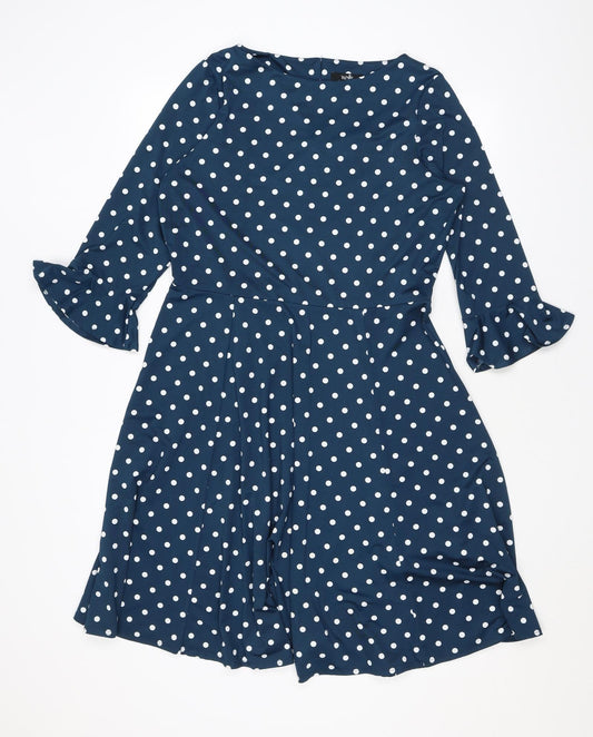 Wallis Womens Blue Polka Dot Polyester A-Line Size 12 Round Neck Button