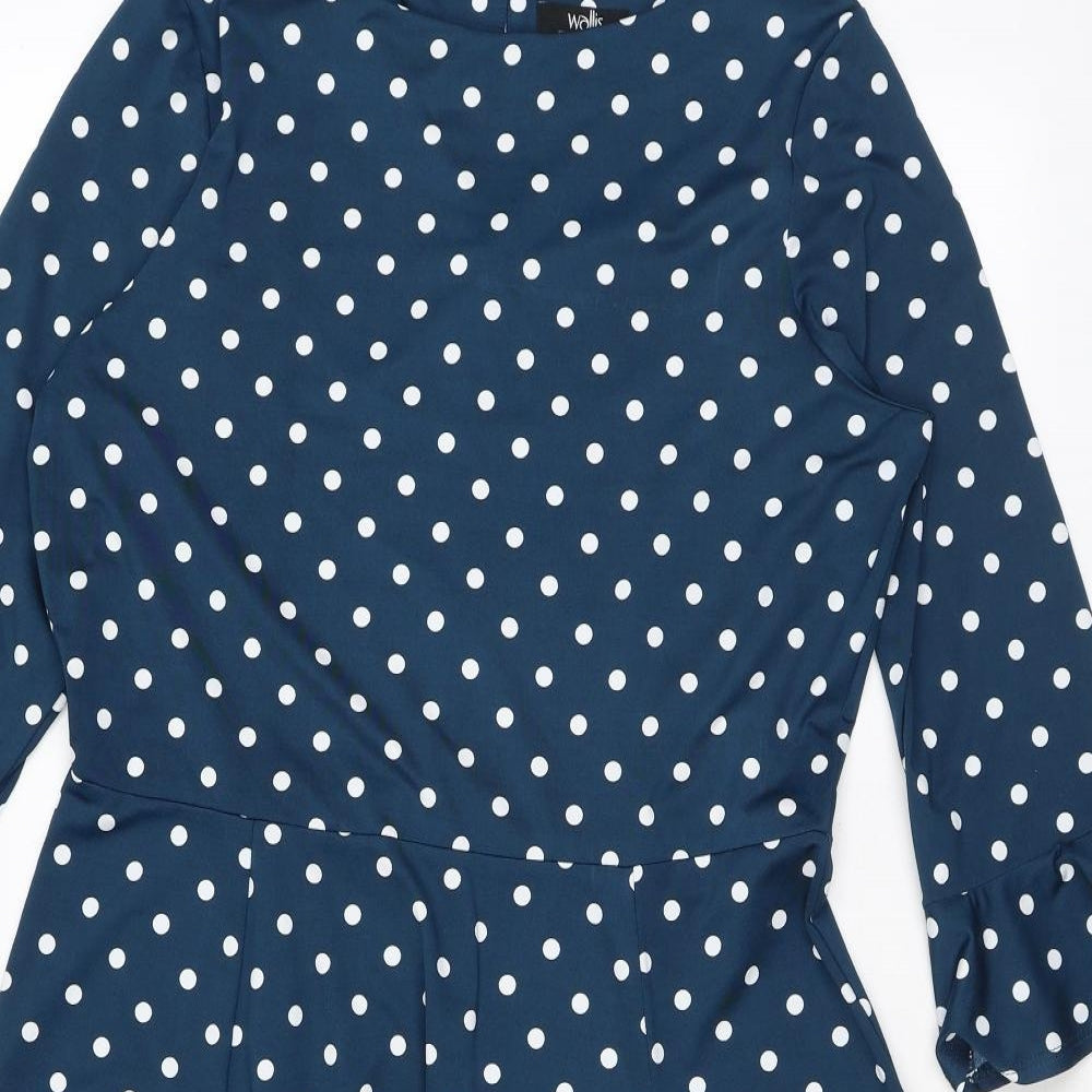 Wallis Womens Blue Polka Dot Polyester A-Line Size 12 Round Neck Button