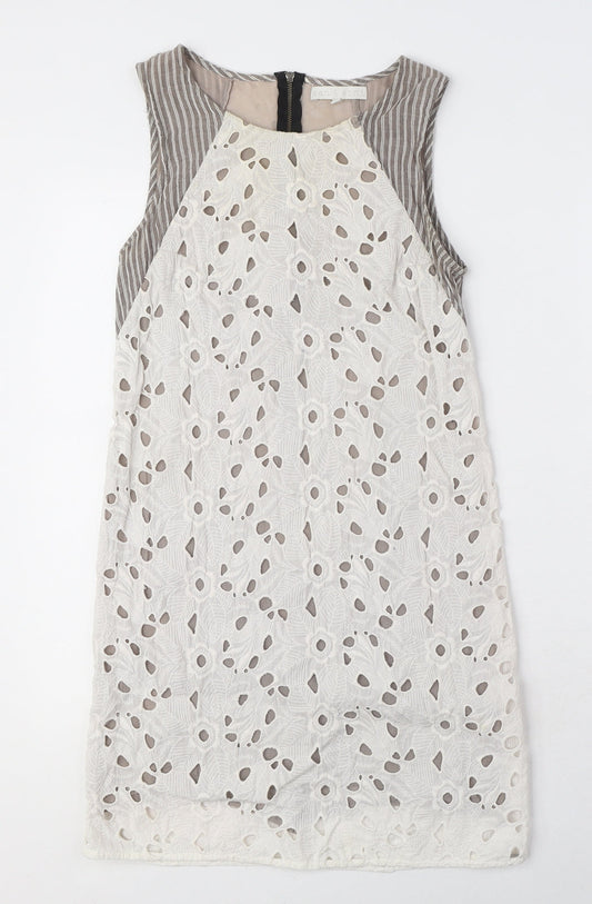 san & soni Womens White Floral Cotton A-Line Size S Round Neck Zip - Striped