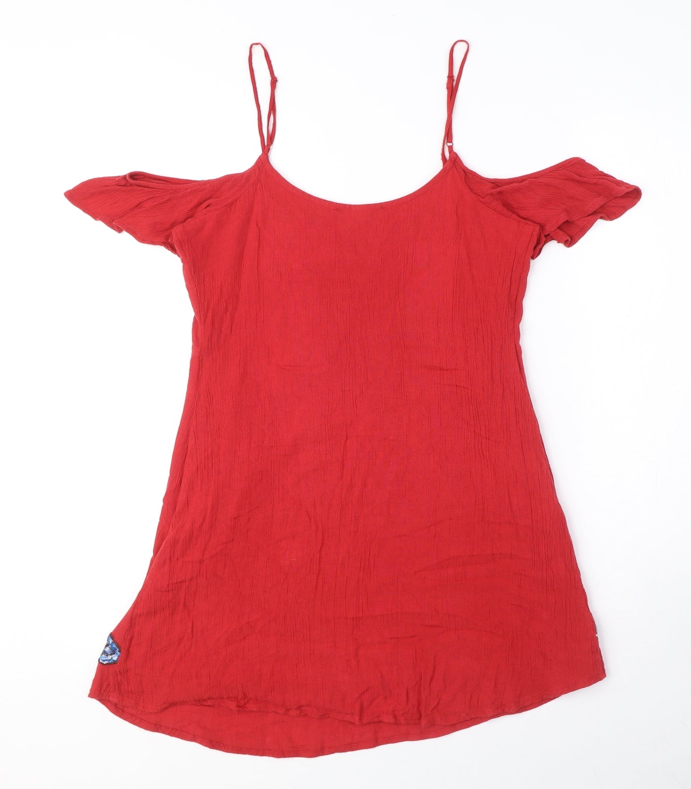FOREVER 21 Womens Red Polyester Mini Size S Round Neck Pullover - Embroided flowers, Shoulder cut out