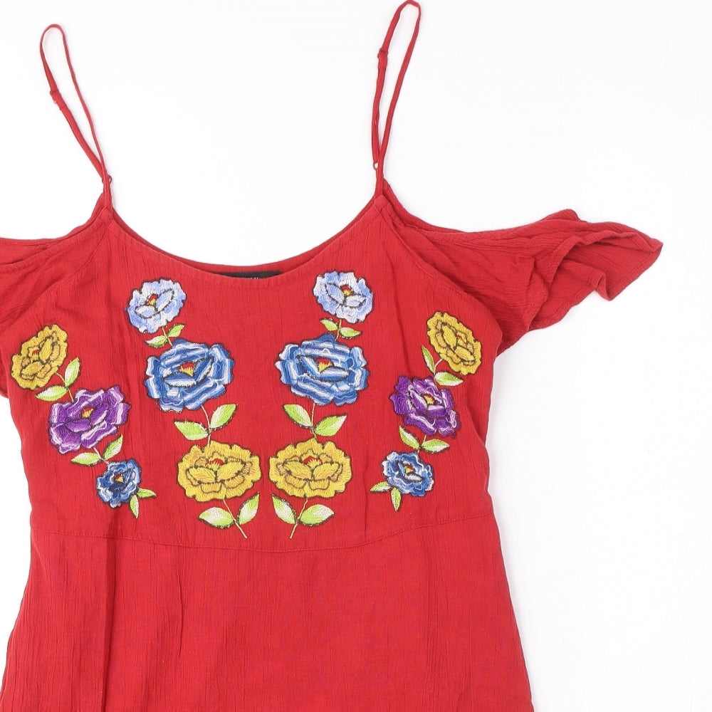 FOREVER 21 Womens Red Polyester Mini Size S Round Neck Pullover - Embroided flowers, Shoulder cut out