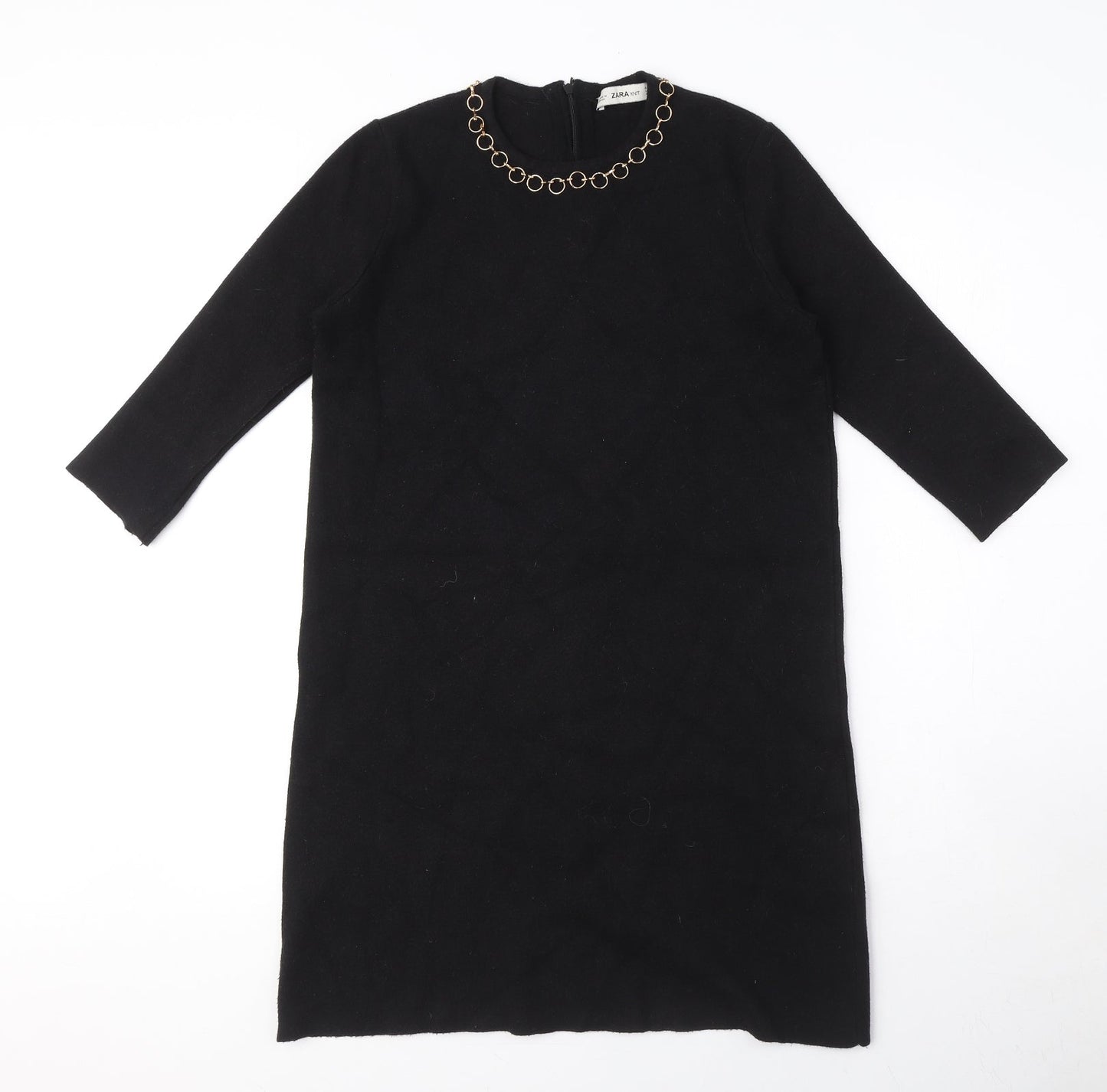 Zara Womens Black Viscose Jumper Dress Size M Round Neck Zip - Gold ring detail