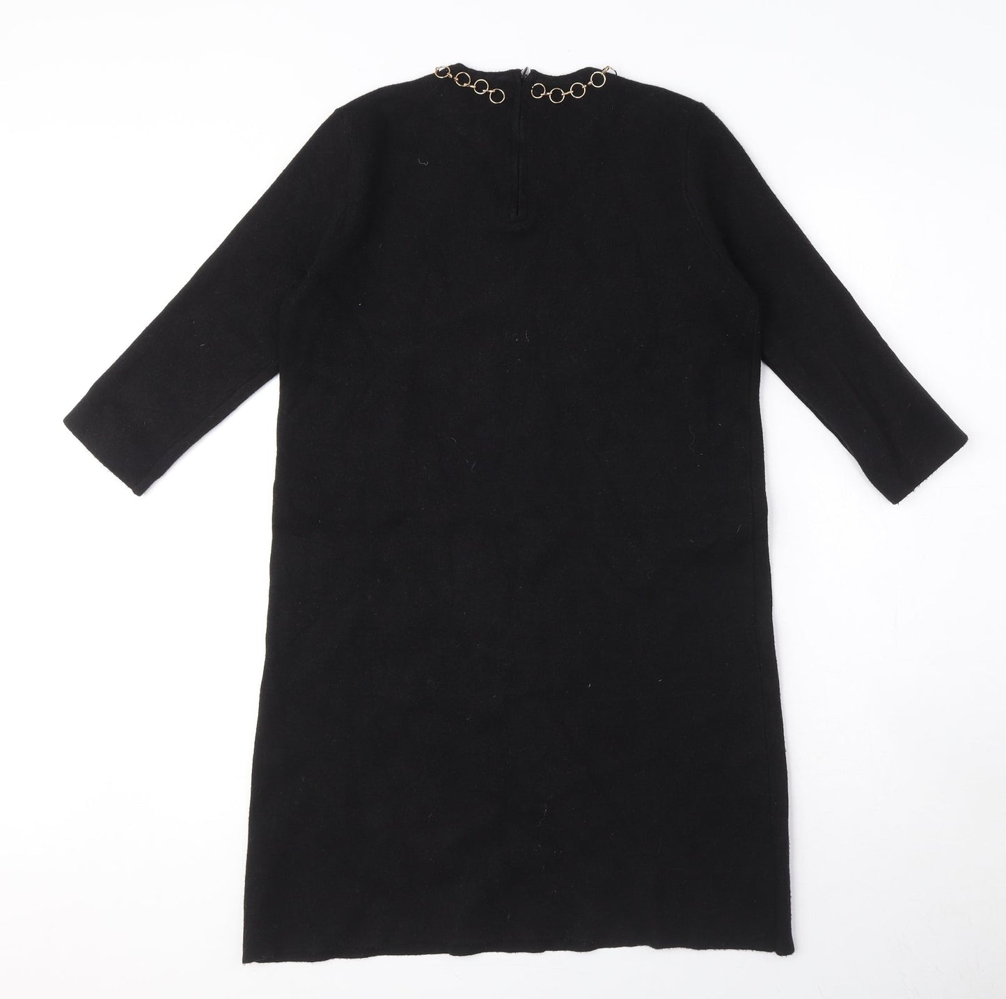 Zara Womens Black Viscose Jumper Dress Size M Round Neck Zip - Gold ring detail